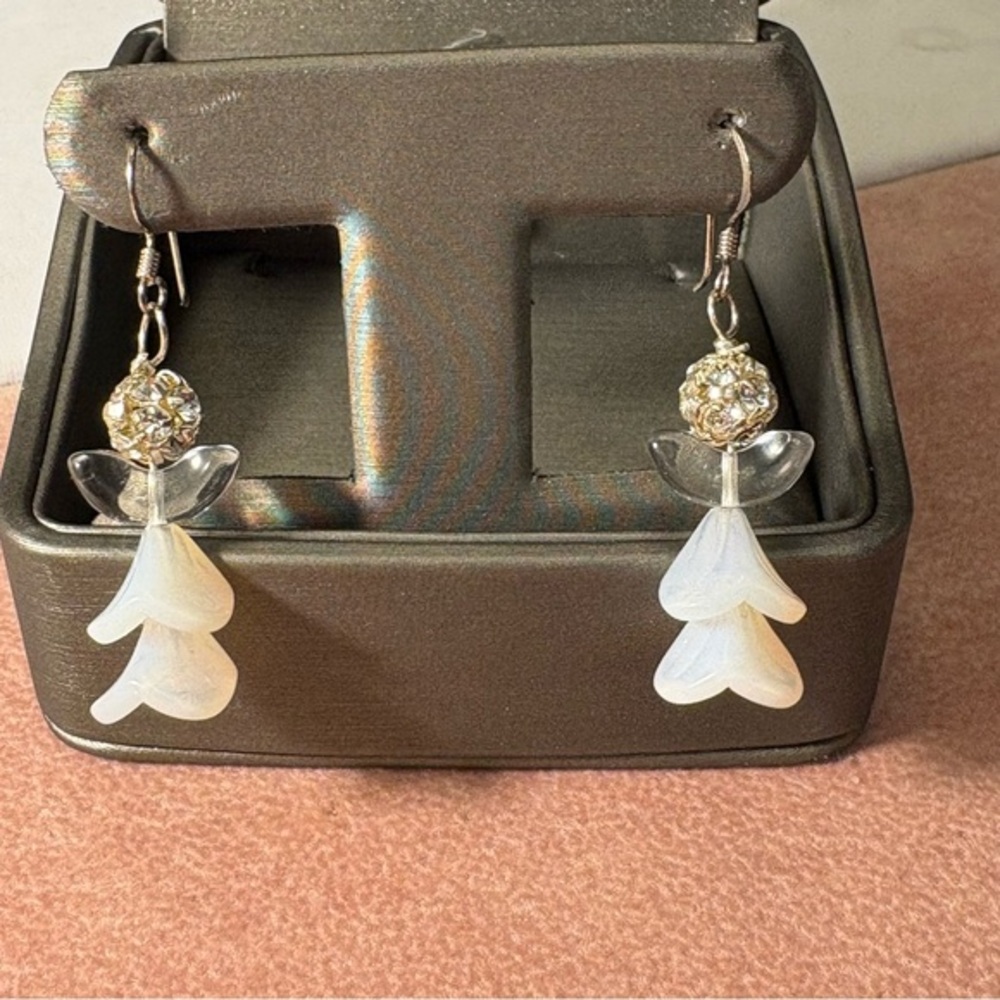 Cute Opalescent Glass & Sterling Silver Angel Earrings.
